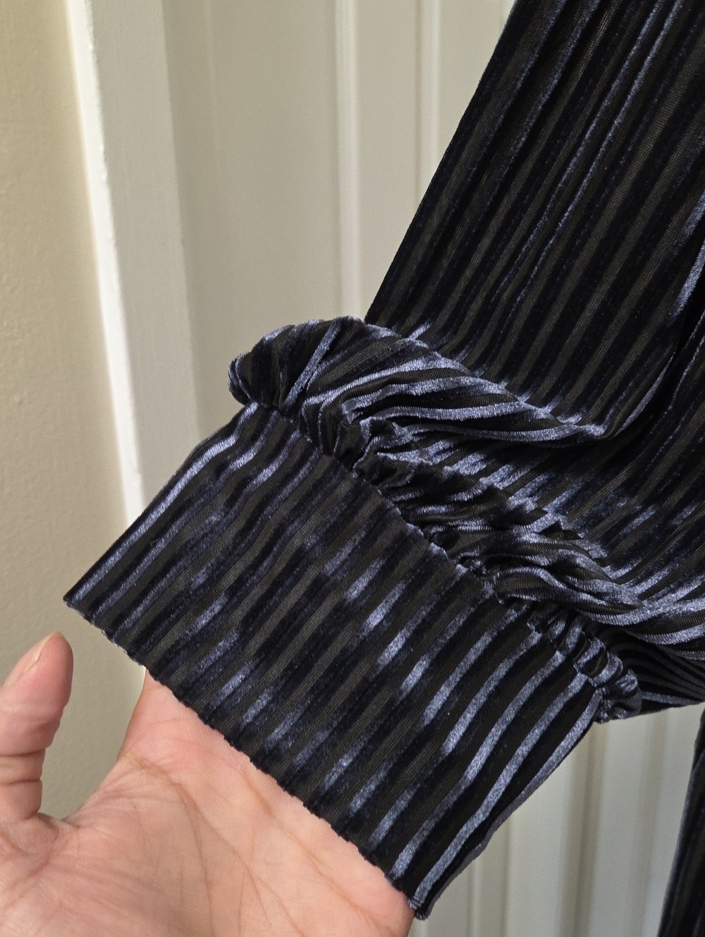 Kaffe Black Pleated Velvet Puff Sleeve Top | Shimmer Stripe Textured Blouse - Picture 5 of 10